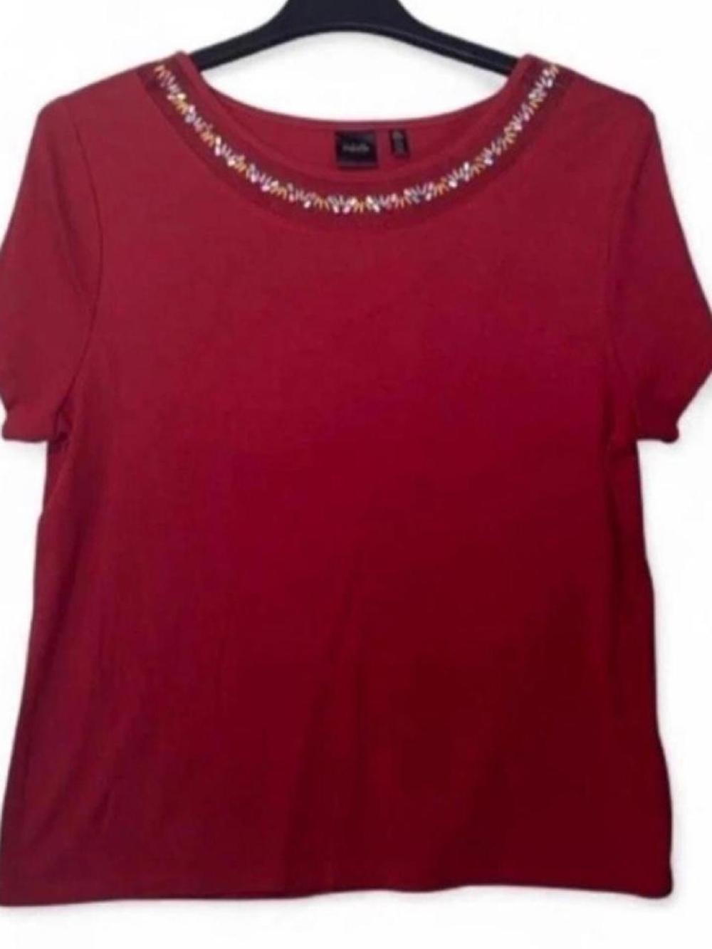 Rafaella Berry Red Short Sleeve Tee with Beaded Scoop Neckline